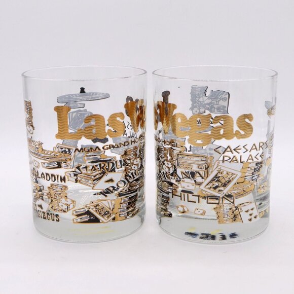 Other - Set of 2 Las Vegas Casinos Rocks Lowball Glasses Vtg Gold Tone Mirage & More